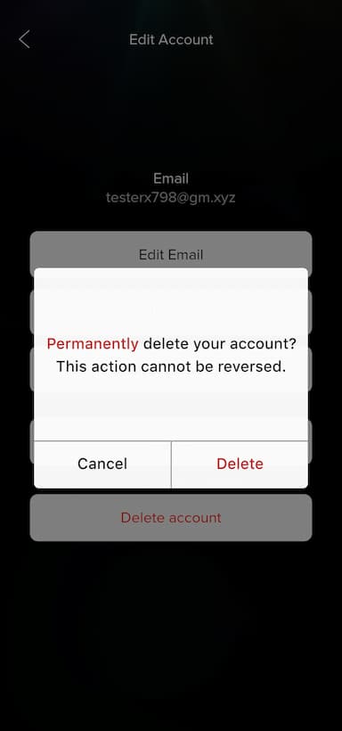 5. Select the Delete Account option.
